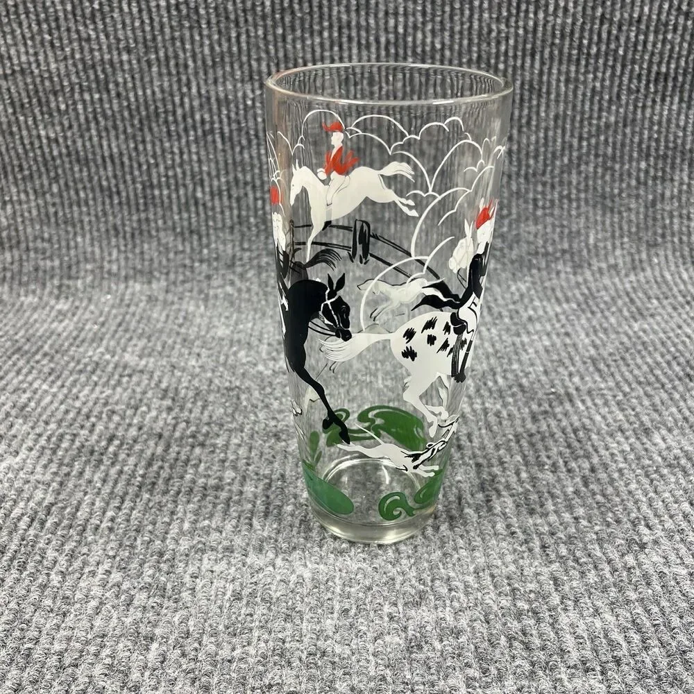 VTG HAZEL‎ ATLAS Glass Fox Hunt Tally Ho Cocktail Martini Shaker & Shot Glasses